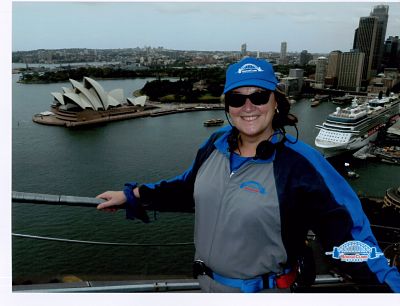 Secret Sydney Travel Review: Jane Clare on top of Sydney Harbour Bridge: Picture courtesy of www.bridgeclimb.com 