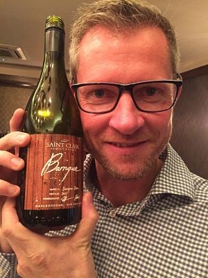 Winemaker Kyle Thompson with his Saint Clair Barrique Sauvignon Blanc