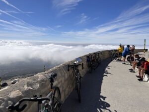 AOC Ventoux Jane Clare wine cyclists rest at the top of Mont Ventoux